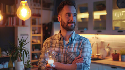 Tech show presenter highlighting the benefits of a new smart light bulb in a home improvement video. --ar 16:9 Job ID: 4786b1bd-4f8d-4fa4-b368-f41be60ed4c3