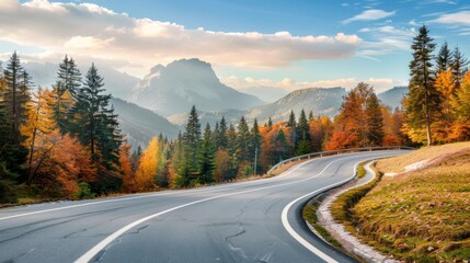 Winding road with picturesque autumn trees in the mountainous area generative ai