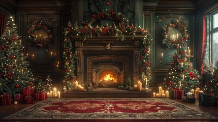 Obraz premium A cozy Christmas scene with a fireplace, decorated tree and a warm inviting atmosphere.