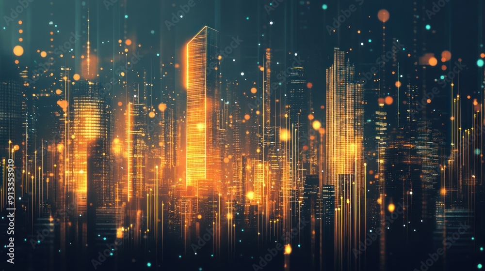 Poster Futuristic Cityscape with Glowing Lines