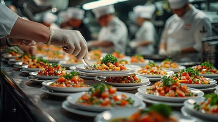 A chef in a commercial kitchen prepares a row of plates with a gourmet meal.