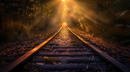 Naklejka premium A tranquil railway track winding through a forest illuminated by warm sunlight, creating a serene and peaceful atmosphere.