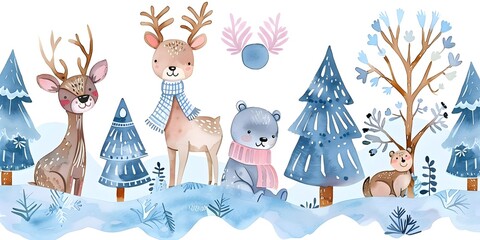 Cute Watercolor Winter Animals in the Forest