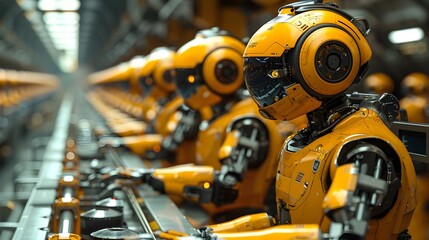 Fototapeta premium Efficient Automated Factory Floor with Robotic Assembly Line and Advanced Manufacturing Equipment