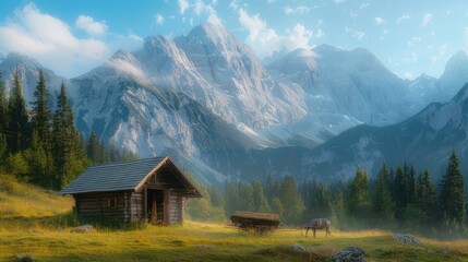 Obraz premium Rustic Cabin in a Foggy Mountain Valley with a Horse and Wagon