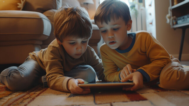 Two young brothers on the floor of their home, interacting with a tablet for entertainment and social media, having a great time.