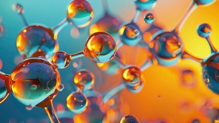 A close-up of a molecular structure made of iridescent spheres connected by thin lines. The spheres are various shades of orange, yellow and blue. The background is a blurry mix of orange and blue.