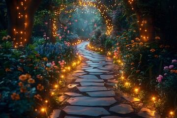 Whimsical fairy-lit garden with twinkling lights and magical enchanting fantasy atmosphere