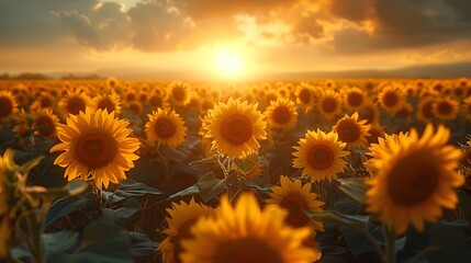 Fototapeta premium Captivating Golden Sunset Over Expansive Field of Vibrant Sunflowers