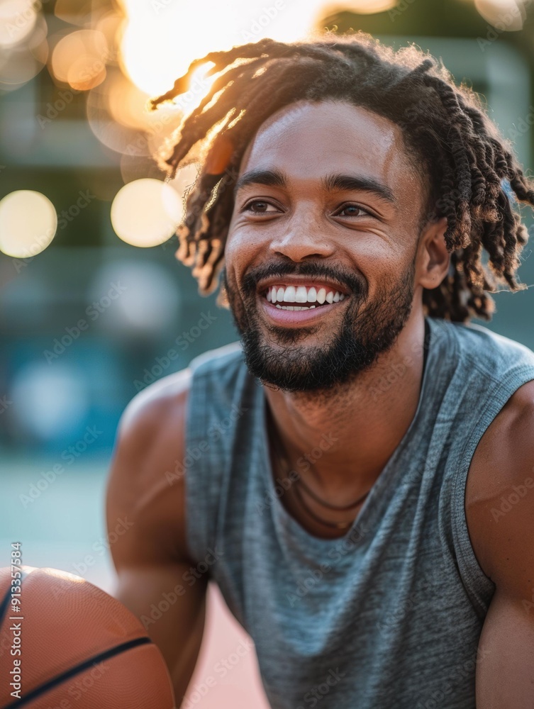 Sticker A man with dreadlocks smiles while holding a basketball. AI.