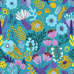 Seamless Floral Pattern with Blue, Yellow, Pink Flowers