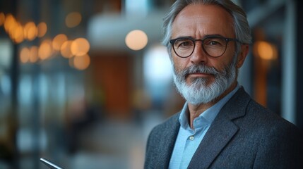 Fototapeta premium Busy mature old business executives stand in the office using digital tablets. Middle-aged professional businessman, company manager, wearing a suit, wearing glasses, holding a tablet computer, workin