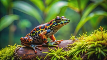 Fototapeta premium Vibrant spotted frog sitting on a mossy log in a lush jungle , vibrant, spotted, frog, mossy log, lush, jungle, wildlife