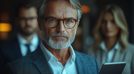 Fototapeta premium Busy mature old business executives stand in the office using digital tablets. Middle-aged professional businessman, company manager, wearing a suit, wearing glasses, holding a tablet computer, workin