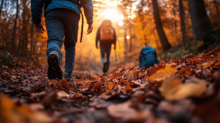 Fall hike, vibrant colors, scenic routes, dynamic action, inviting