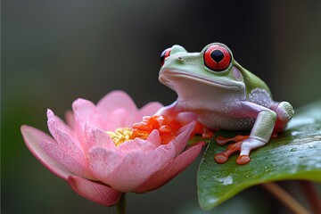Naklejka premium Red-Eyed Tree Frog Perched on a Pink Water Lily