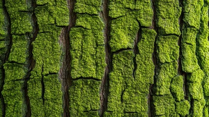 Moss-covered bark of an old oak tree, with rich, textured grooves and cracks