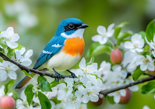 A colorful bird perched on a blooming branch, showcasing vibrant blue and orange feathers amid delicate white flowers.