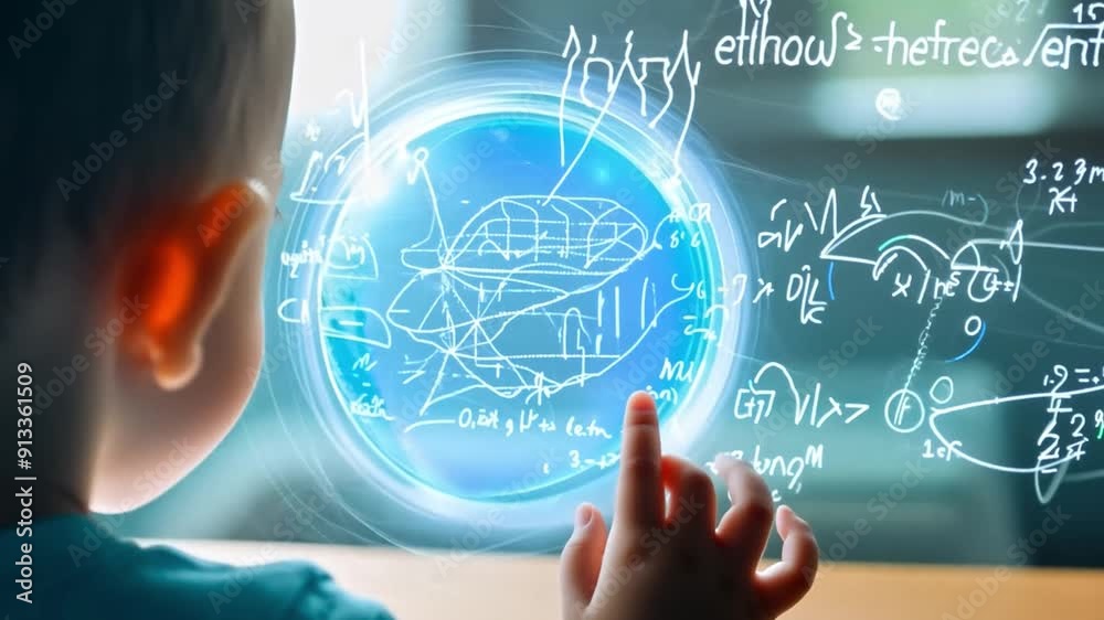 Poster A child gazes intently at a shimmering holographic sphere hovering in the air, reaching out with curiosity in a well-lit indoor space.