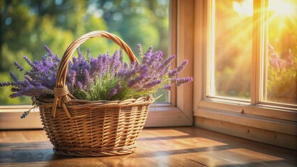 Fototapeta premium Sunlight streaming onto a basket of lavender by a window , lavender, basket, sun rays, sunlight, window, relaxing