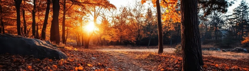 Fototapeta premium Fall scenery, vibrant colors, lush scenery, wide shot, inviting