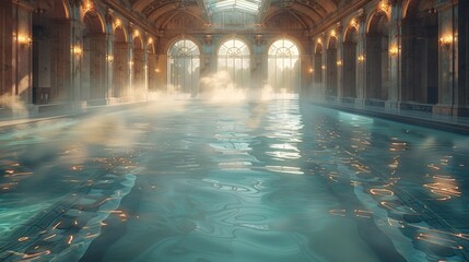 A serene indoor swimming pool with steam rising from the water.