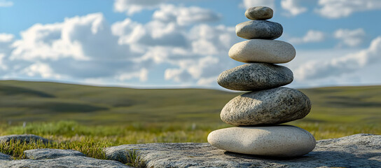 A serene stack of stones against a peaceful landscape, embodying balance and harmony in nature.