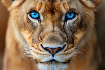Obraz premium A stunning close-up of a lioness with striking blue eyes, showcasing her beauty and fierce nature in the wild.