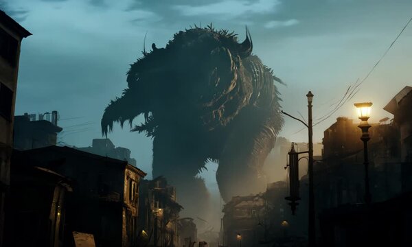 Giant Creature in a Post-Apocalyptic Urban Landscape
