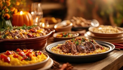 Fototapeta premium Harvest table, vibrant colors, delicious dishes, cozy setting, inviting
