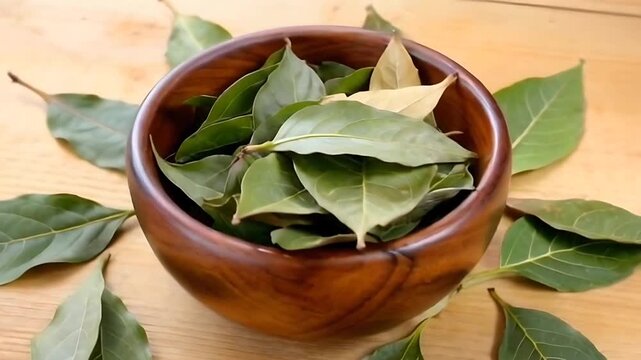 A wooden bowl filled with bay leaves sits on a wooden surface, with additional bay leaves scattered around it.
