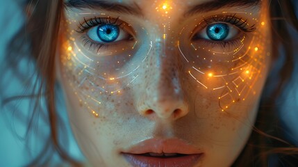 Woman with Biometric Facial Recognition Interface - Futuristic Technology Security Concept