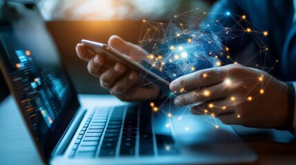 Digital marketing, global business, e-commerce concept.  Businessman using mobile phone and laptop computer with global internet network connection technology, social media marketing