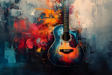 Colorful acoustic guitar against an abstract background, perfect for music and art-themed projects.