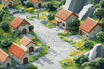 Charming Miniature Village with Stone Path and Lush Greenery