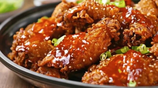 fried korean cripy chicken, crispy fried chicken, fried food, korean Barbq sauce, made with Ai generative technology, stock video, food stock videos HD Video Clip 4K