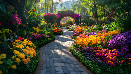 Explore a vibrant garden pathway adorned with colorful blooms and lush greenery, inviting serenity and natural beauty.