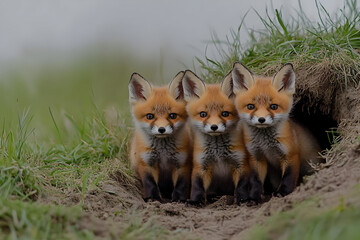 Naklejka premium Three adorable red foxes peek out from their den, showcasing their vibrant fur and curious expressions in a natural setting.