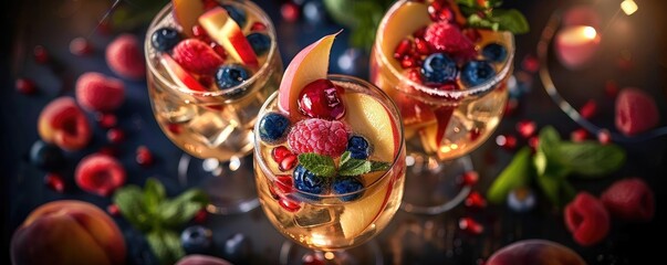 Colorful fruit cocktails in glasses, garnished with berries and mint, perfect for summer gatherings or festive occasions.