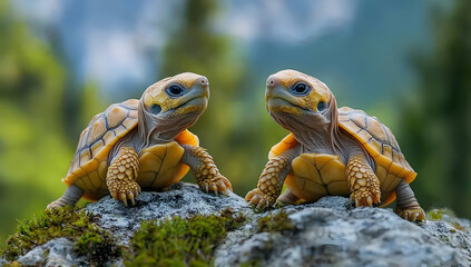 Two adorable turtles perched on rocks, showcasing their unique colors and details in a serene, natural setting.