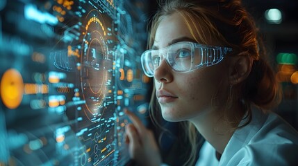 Engineer Using Virtual Interface in Smart Industrial Technology Facility with Digital Connections and Blue Tones