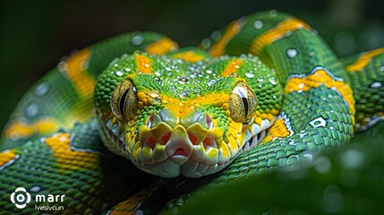 Fototapeta premium Elegant Green Tree Python Coiled on Rainforest Branch with Vibrant Scales and Foliage