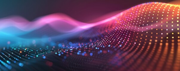 Obraz premium Abstract visualization of colorful waves with glowing dots, creating a vibrant and dynamic digital landscape.