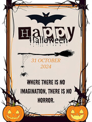 halloween background with pumpkin. Happy Halloween creative poster design. Calligraphy with witch broom, spider, pumpkin, scary background and bat. Can be used for banners, posters,invitations.