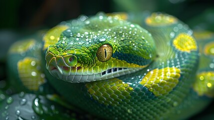 Fototapeta premium Striking Green Tree Python Coiled on Branch in Lush Rainforest