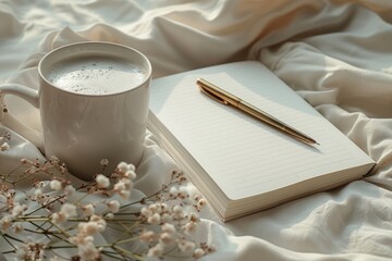 A cup of coffee with a sprinkle of cinnamon sits on a bed of white linen next to a journal and a pen