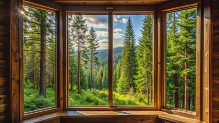 A serene view of a lush green forest from a cabin window, nature, landscape, tranquility, cabin, window, trees, forest