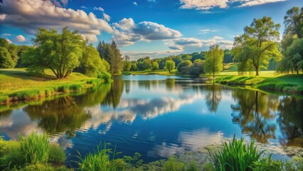 Obraz premium Tranquil landscape featuring a picturesque lake surrounded by lush greenery , nature, water, serene, scenery, peaceful, tranquil