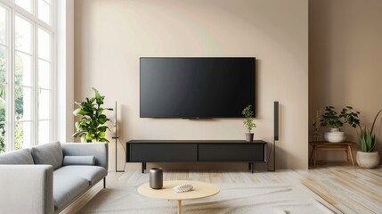 Empty living room mockup a TV wall mounted with sofa in living room with cream color wall- 3D rendering 
