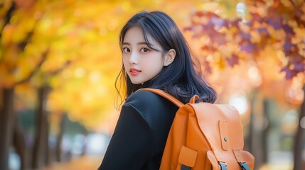 Fototapeta premium Charming Young Woman in Autumn Landscape